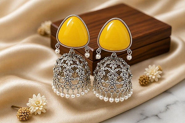 Sunshine Yellow Triangular Stone Floral Oxidized Jhumkas