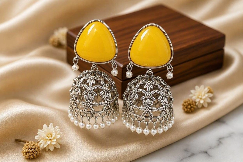 Sunshine Yellow Triangular Stone Floral Oxidized Jhumkas
