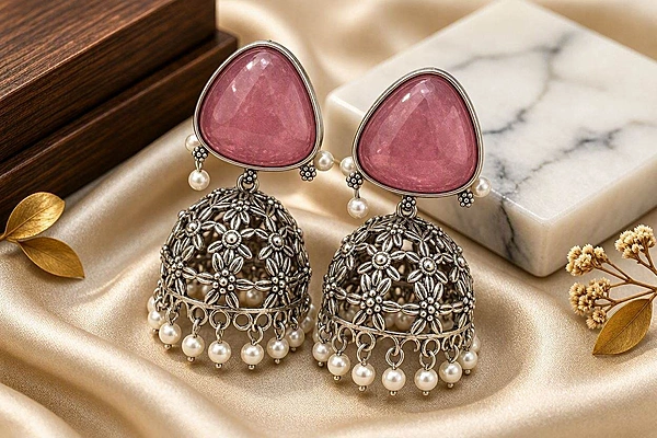 Blush Pink Triangular Stone Floral Oxidized Jhumkas