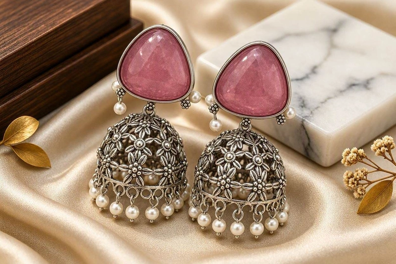 Blush Pink Triangular Stone Floral Oxidized Jhumkas