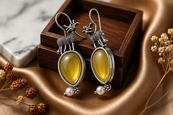 Enchanted Reindeer Honey Quartz Oxidized Drop Earrings