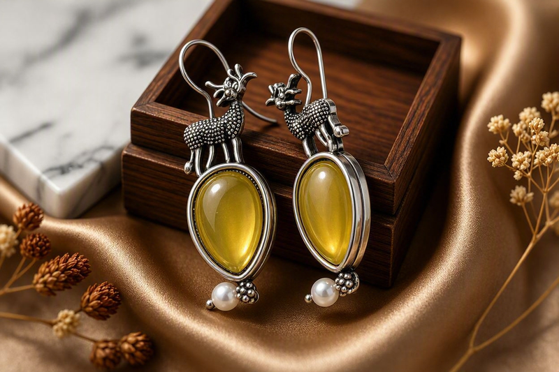 Enchanted Reindeer Honey Quartz Oxidized Drop Earrings
