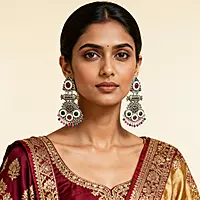 Multicolor Navratna-Style Pearl & Stone Oxidized Chandelier Earrings
