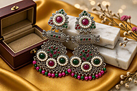 Multicolor Navratna-Style Pearl & Stone Oxidized Chandelier Earrings