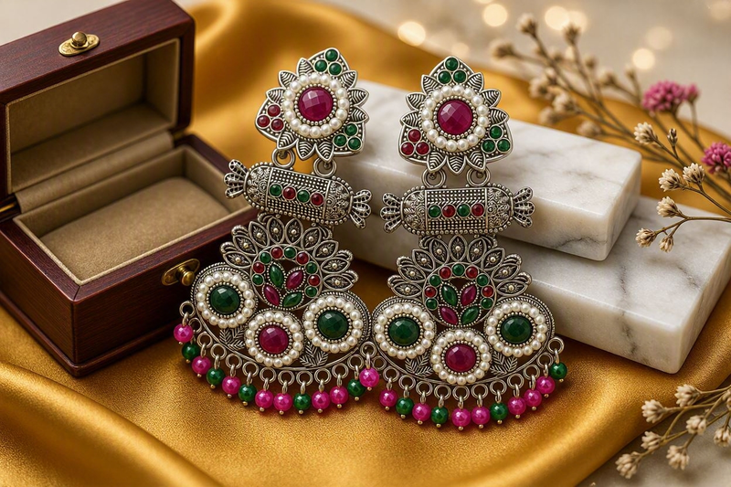 Multicolor Navratna-Style Pearl & Stone Oxidized Chandelier Earrings