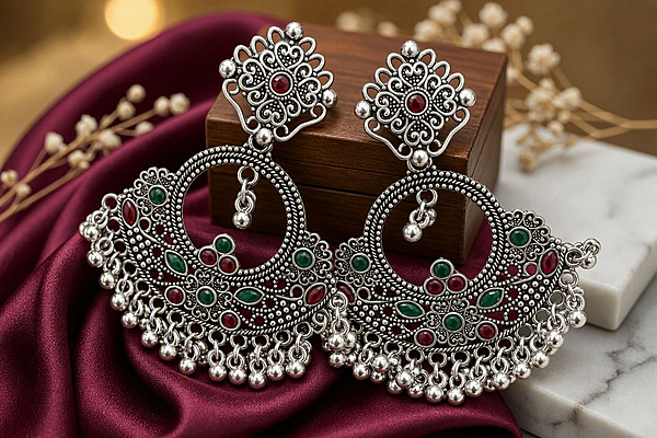 Royal Filigree Ruby & Emerald Oxidized Chandbali Earrings