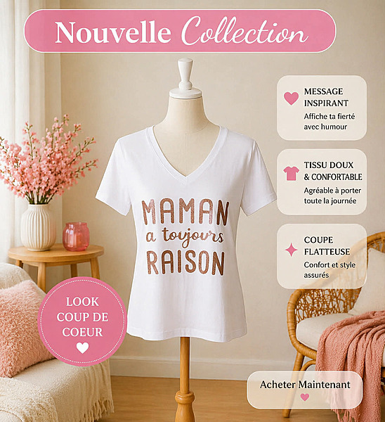 Tee-shirt col V "Maman a toujours raison"