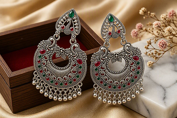 Royal Peacock German Silver Chandbali Earrings