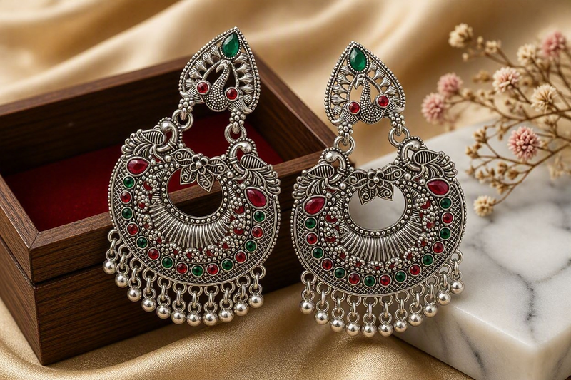 Royal Peacock German Silver Chandbali Earrings