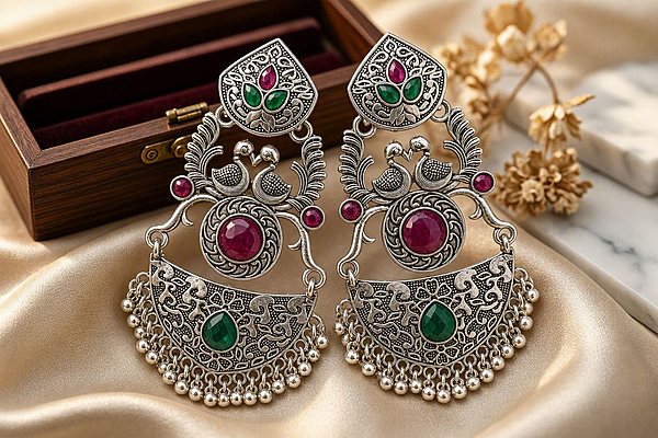 Peacock Oxidized Silver Crescent Earrings