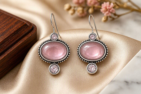 Blushing Aura – Vintage Pink Cat’s Eye & Crystal Drop Earrings