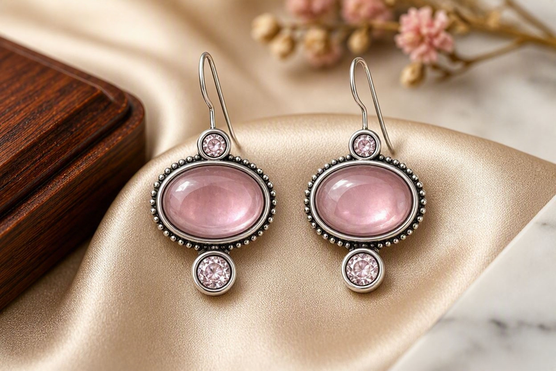 Blushing Aura – Vintage Pink Cat’s Eye & Crystal Drop Earrings