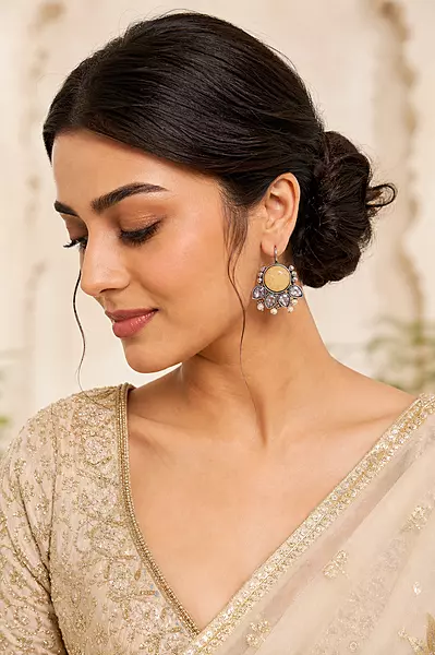 Royal Honey Bloom – Oxidized Silver Pearl & CZ Crystal Drop Earrings