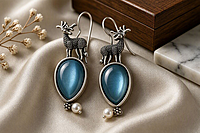 Enchanted Forest Deer – Teal Cat’s Eye & Pearl Drop Earrings