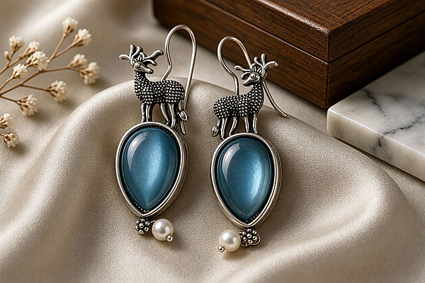 Enchanted Forest Deer – Teal Cat’s Eye & Pearl Drop Earrings