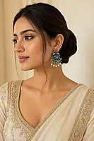Ocean Crest Peacock – Oxidized Silver Teal Gem & Pearl Jhumka Drop Earrings