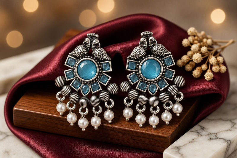 Ocean Crest Peacock – Oxidized Silver Teal Gem & Pearl Jhumka Drop Earrings