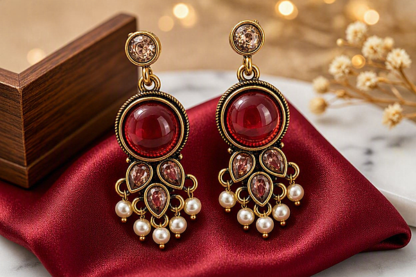 Crimson Regal Bloom – Antique Gold Ruby Gem & Pearl Drop Earrings