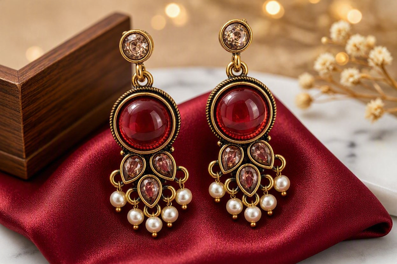 Crimson Regal Bloom – Antique Gold Ruby Gem & Pearl Drop Earrings