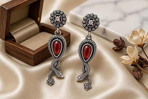 Crimson Serpent Bloom – Oxidized Silver Snake & Ruby Red Drop Earrings