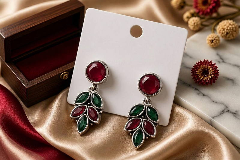Verdant Vine – Oxidized Silver Ruby & Emerald Leaf Drop Earrings