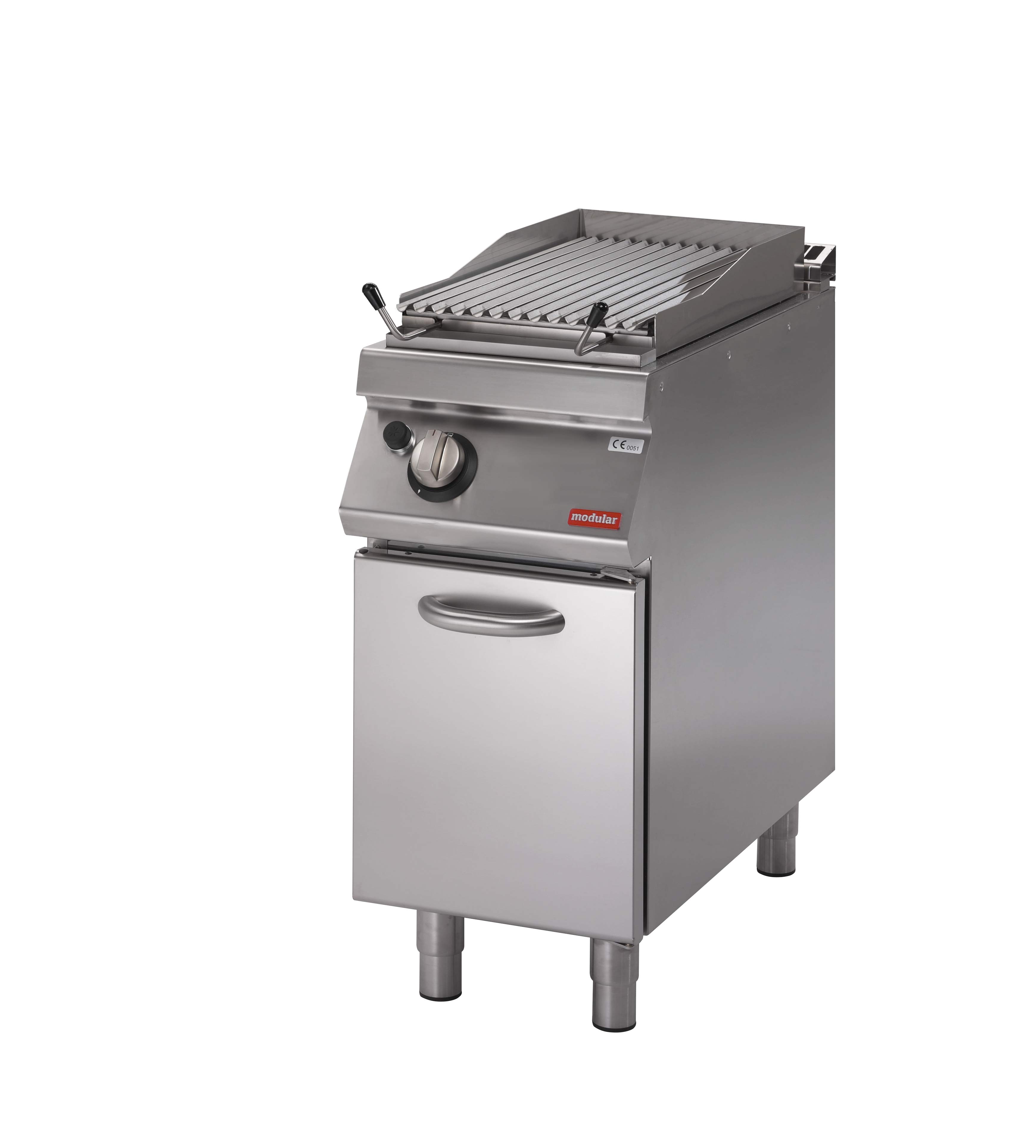Barbacoa a gas de piedra volcánica sobre mueble con puertas S.900