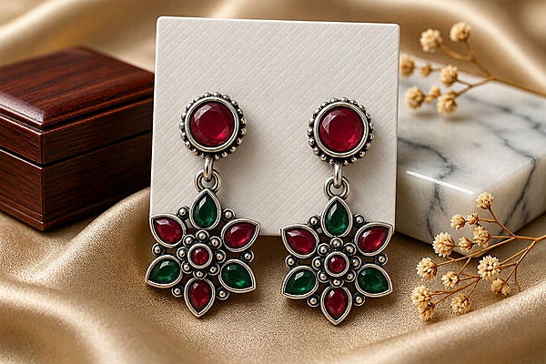 Crimson & Emerald Floral Drop Earrings