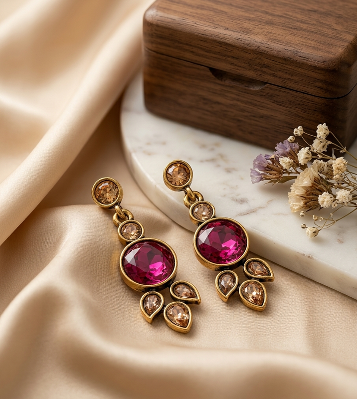 Vintage Magenta & Champagne Drop Earrings