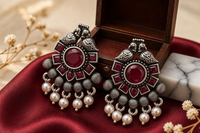 Royal Peacock Ruby & Pearl Drop Earrings