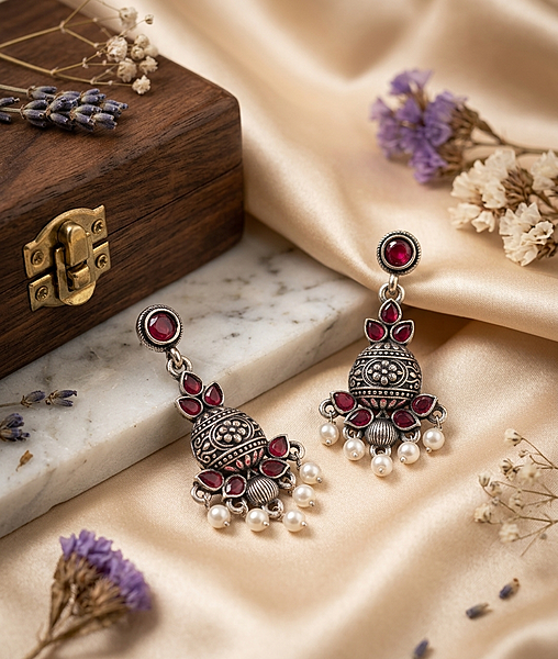 Royal Ruby Jhumka Earrings with Pearl Drops