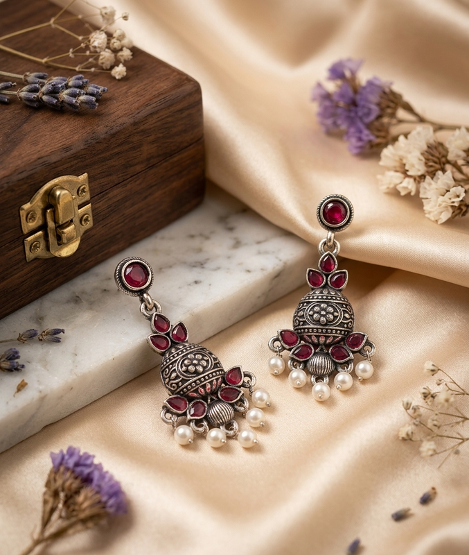 Royal Ruby Jhumka Earrings with Pearl Drops