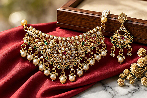 Peacock Kundan Choker Necklace Set with Pearl Strands