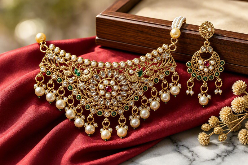 Peacock Kundan Choker Necklace Set with Pearl Strands