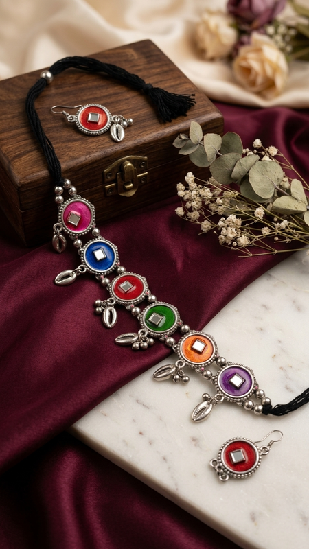 Vibrant Multi-Color Enamel Mirror Choker Set