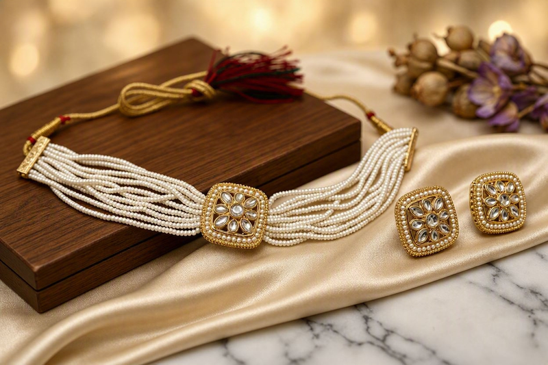 Ethereal Pearl Strand & Kundan Medallion Choker Set