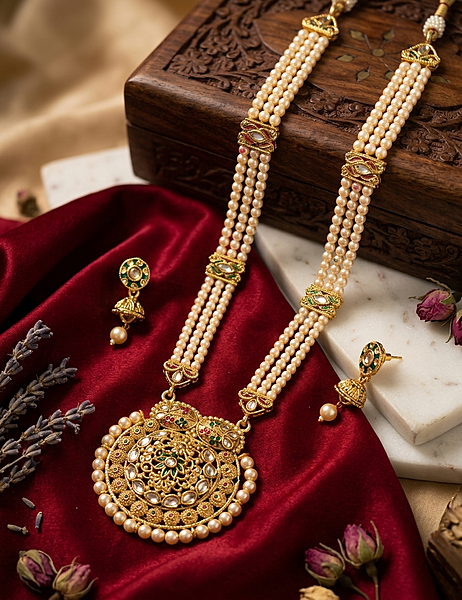 Maharani Heirloom Triple-Strand Pearl and Kundan Haram Set