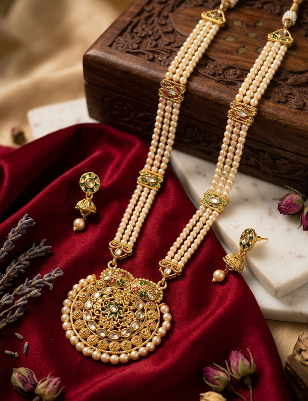 Maharani Heirloom Triple-Strand Pearl and Kundan Haram Set
