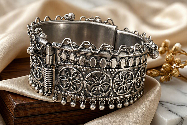 Rustic Tribal Oxidized Silver Ghungroo Kada