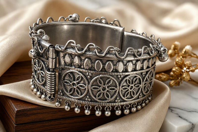 Rustic Tribal Oxidized Silver Ghungroo Kada
