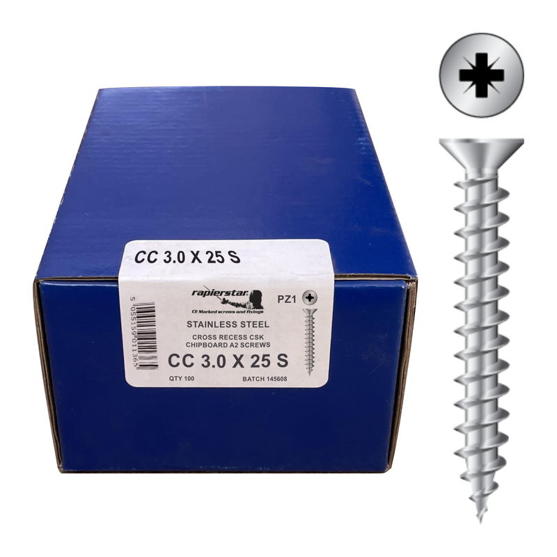 Cross Recess CSK Chipboard A2 Screws (x100)