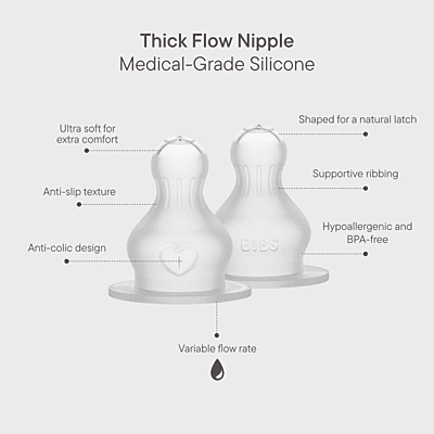 BIBS Baby Bottle Nipple Round  Silicone 2 pack Thick Flow
