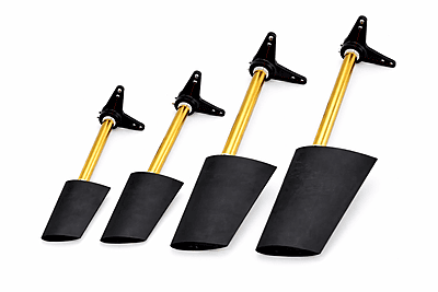 Undermounted RC boat rudders with black blades, brass tubes, and 90-degree control arms