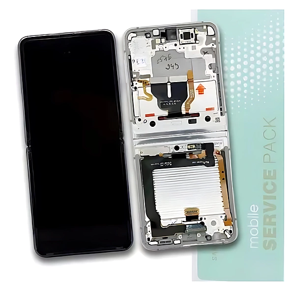 Genuine Samsung Z Flip 3 5G , F711 - Replacement AMOLED Touch Screen Assembly With Chassis - Bespoke Silver - Service Pack - GH82 - 27243E
