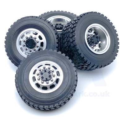 1/14 Scale Tamiya Low Loader Truck Wheels & Tyres Aluminium 1/14 Scale Tamiya Low Loader Truck Wheels & Tyres Aluminium