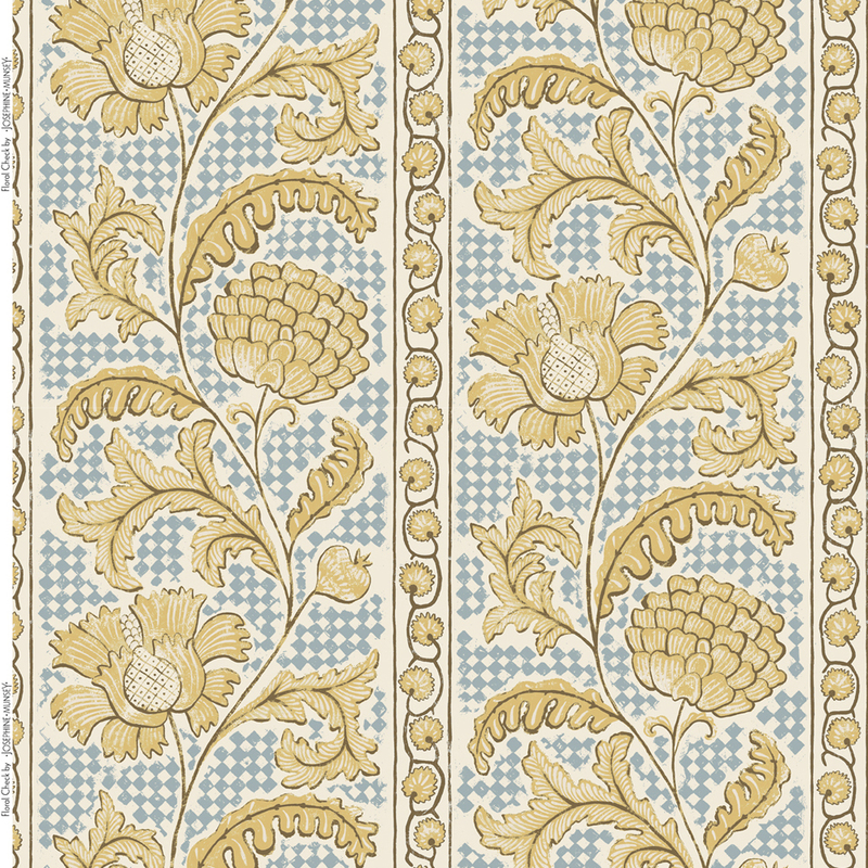 Floral Check Heavy Linen Fabric - Yellow and Blue Floral Check Heavy Linen Fabric - Yellow and Blue