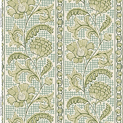 Floral Check Heavy Linen Fabric - Blue and Green