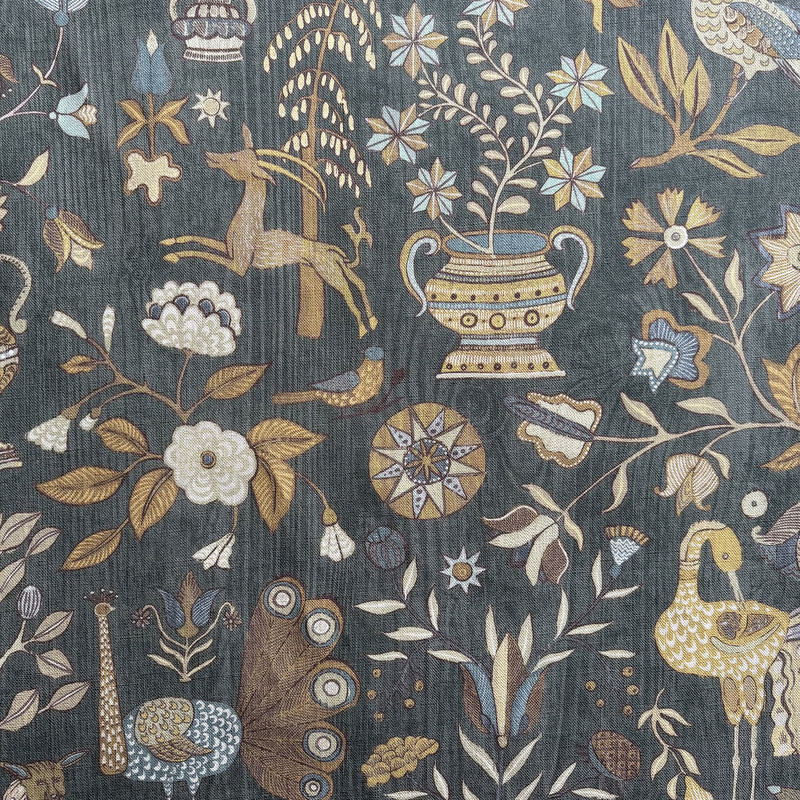 Fable Garden - Olive and Black - Heavy Linen