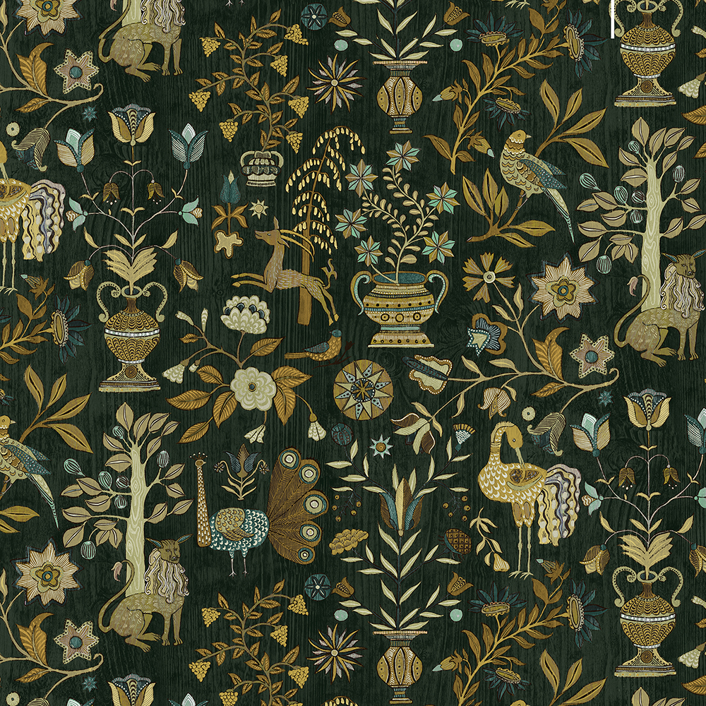 Fable Garden - Olive and Black - Wallpaper