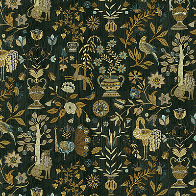 Fable Garden - Olive and Black - Wallpaper
