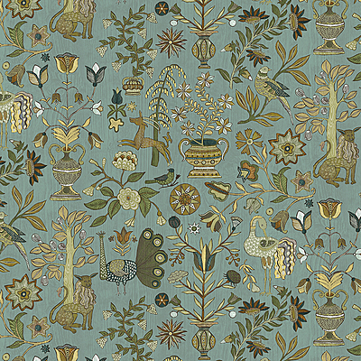 Fable Garden - Mid Blue and Olive - Wallpaper